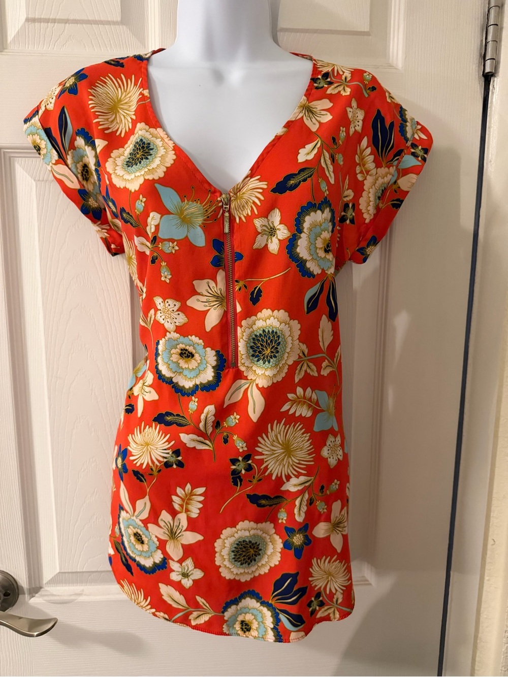 Express Orange Floral V-Neck Short Sleeve Tunic